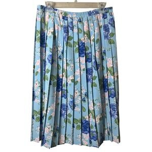 Leslie Fay Vintage Pleated Midi Skirt 12P Blue Rose Floral Cottagecore Granny